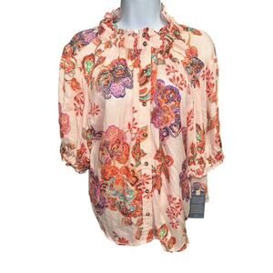 Democracy PL Top Orange Floral Rayon Crepe Button Up Elastic Collar Petite Large